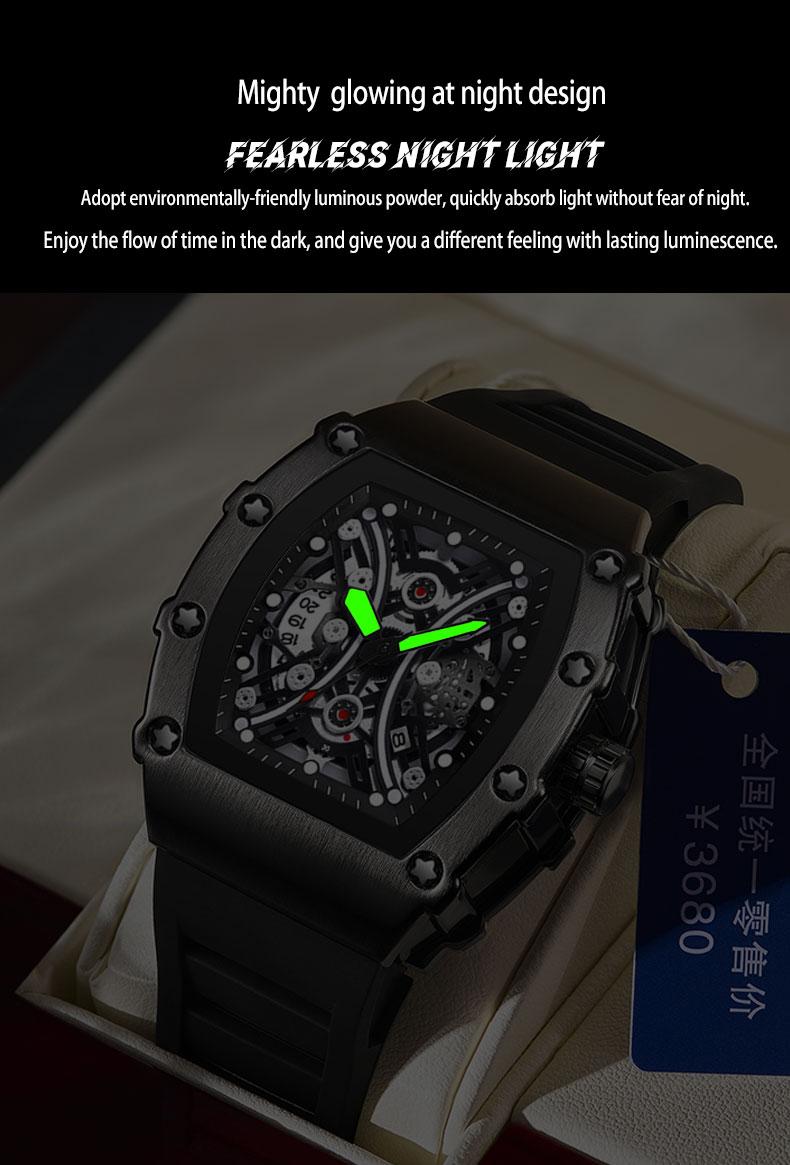 Men's Red Carbon Fiber Skeleton Tonneau Watch, Black Silicone Band, Sporty Quartz Wristwatch