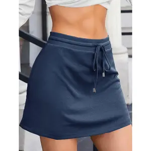 Women's High Waist Bodycon Mini Skirt with Drawstring - Casual, A-Line, Solid Black, Lightweight Polyester, Perfect for Summer