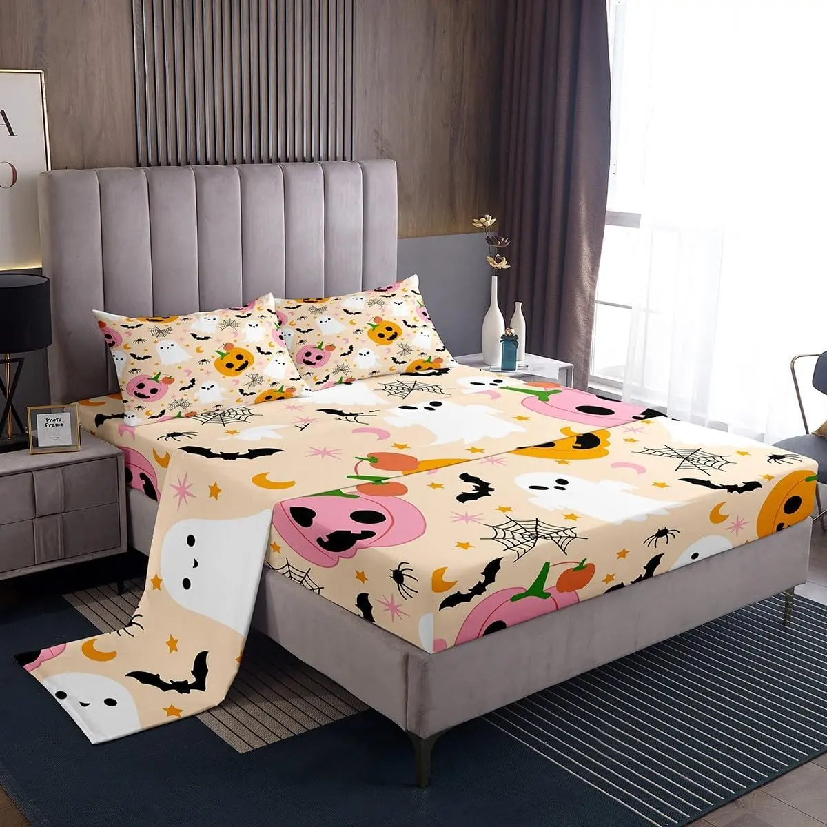Feelyou Quick-Drying Pumpkin Print Halloween Decorative Bedding Set - Fitted Deep Pocket Mattress Sheets Set Includes, Pink/Orange/Yellow Kawaii Kids' Home Decor Linens, Fitted Mattress Sheets
