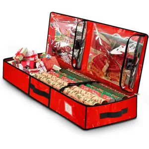 Wrapping Paper Organizer Storage Container for Christmas Holiday Gift Wrap Storage, 43.2" Durable PE Underbed Storage with Interior Pockets Fits 24 Paper Rolls (Red)