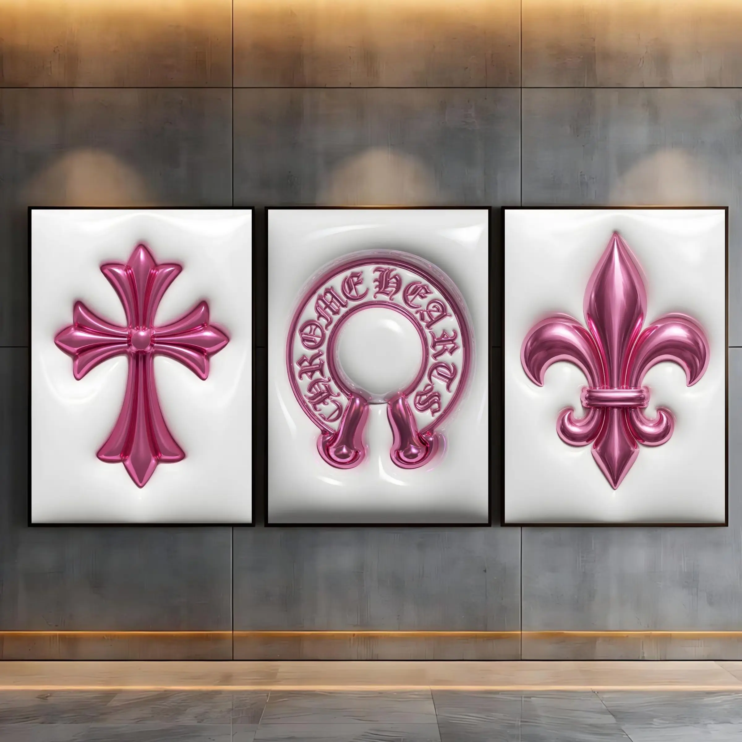 Chrome Hearts Hypebeast Wall Art Poster Set of 3, White Pink Chrome Gothic Cross Art, Horseshoe Print, Fleur De Lis Luxury Y2K Room Decor