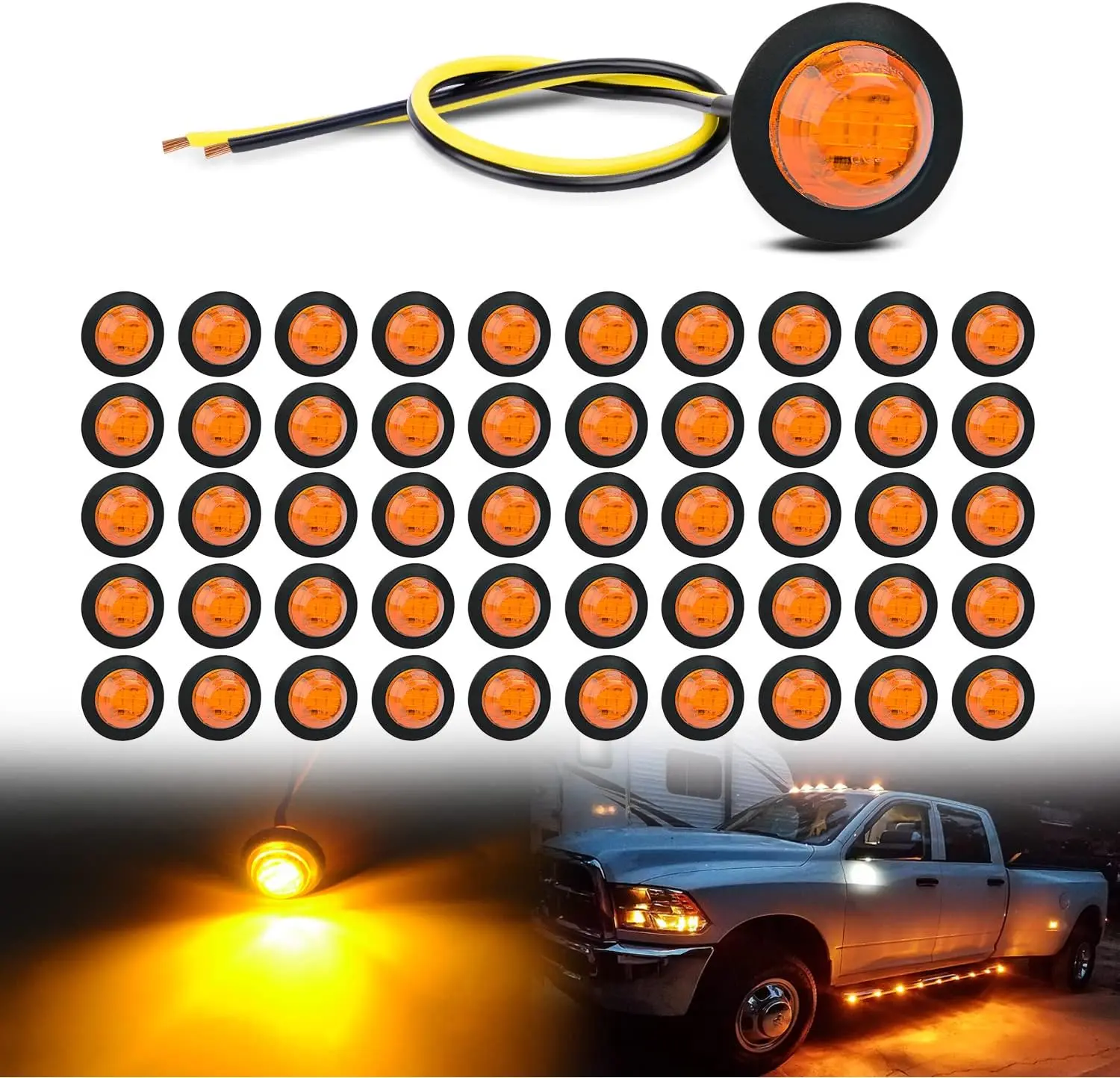 Nilight 50pcs 3/4” Round Amber LED Clearance Marker Kit, 12V Bullet Blinker Signal Lamp with 100,000 Hours Lifetime for LED Truck Pickup, Boat, Caravan, Car Light