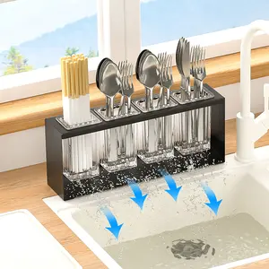 Multifunctional Kitchen Utensil Rack, Drying Design with Drain Tray, 2-3 Compartment Cutlery Holder, Farmhouse Style, Home Use, Dish Drying Organiser, Countertop Dish Rack