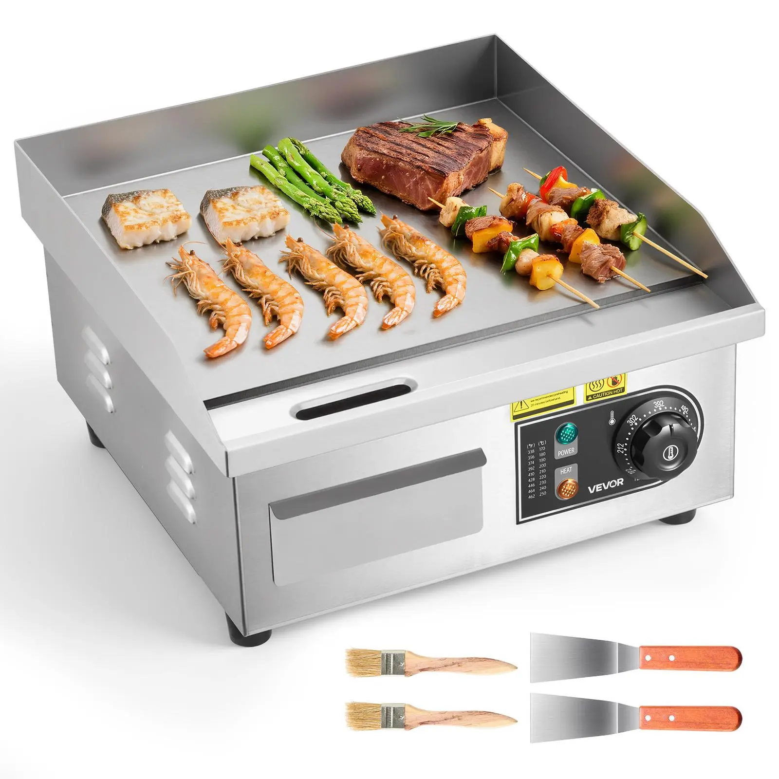 VEVOR Commercial Electric Griddle, 13.98x11.81in 1750W Stainless Steel Countertop Flat Top Grill with Cord, 122-570°F Adjustable Temp, 2 Spatulas, 2 Cleaning Brushes, for Restaurants, Steak, Pancake (Stainless Steel Grilling, Cast Iron Alternative), Utens