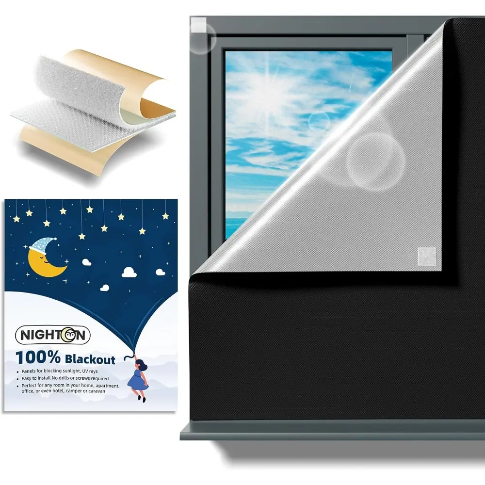 100% Blackout Sun Protection Curtain Blinds (71"×57"), Portable Lightweight Cuttable Fabric Window Coverings with Strong Self-Adhesive Hook and Loop Tape Strips for Bedroom Night Shift Workers - Black, Blackout Curtain Blinds