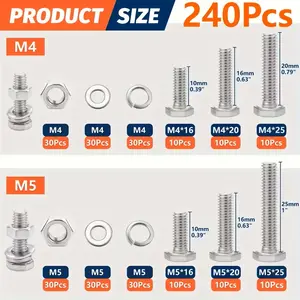 240-Piece Premium Stainless Steel Hex Bolt and Nut Kit - Stainless Steel Nuts and Bolts - Durable & Corrosion-Resistant, M4 & M5 Sizes, Fully Threaded with Washers, Ideal for Heavy Duty Mechanical Applications