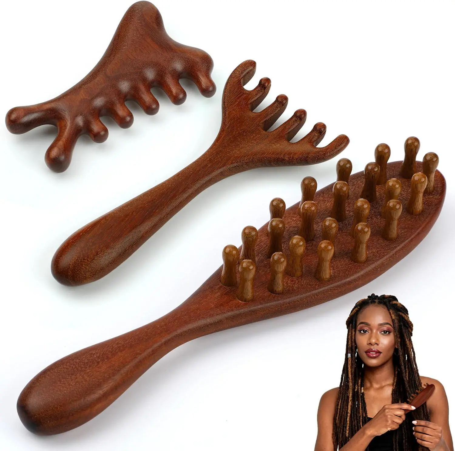 3pcs set Scalp Massager Kit, Wide Tooth Wooden Head Massage Comb, Multi-use Manual Massage Tools for Salon & Daily Self Care