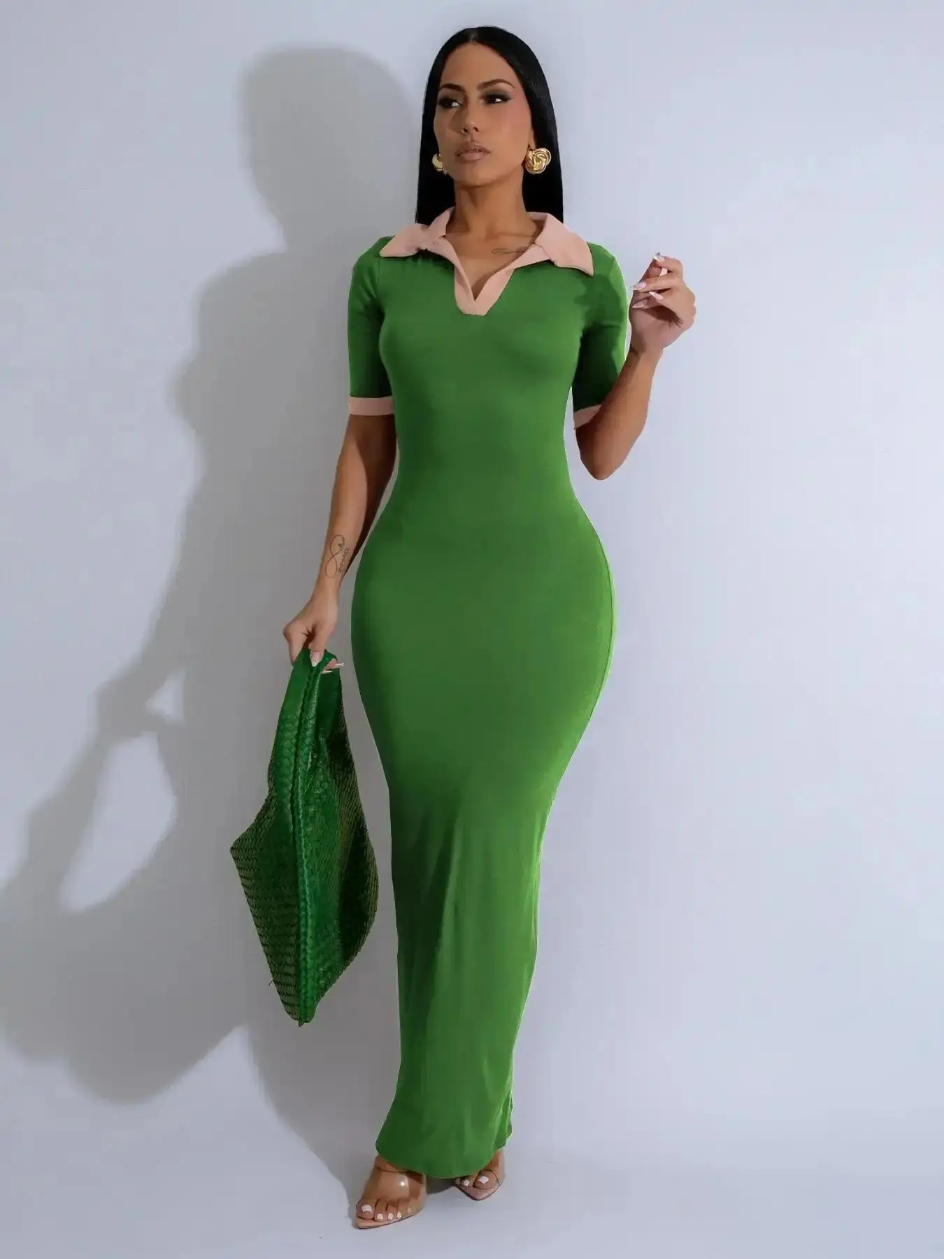 Women's Colorblock Polo Collar Dress, Vintage Chic Fitted Short Sleeve Dress for Summer, Women's Clothing for Daily Wear, Casual Fashionable Dress, Casual Beach Sundress