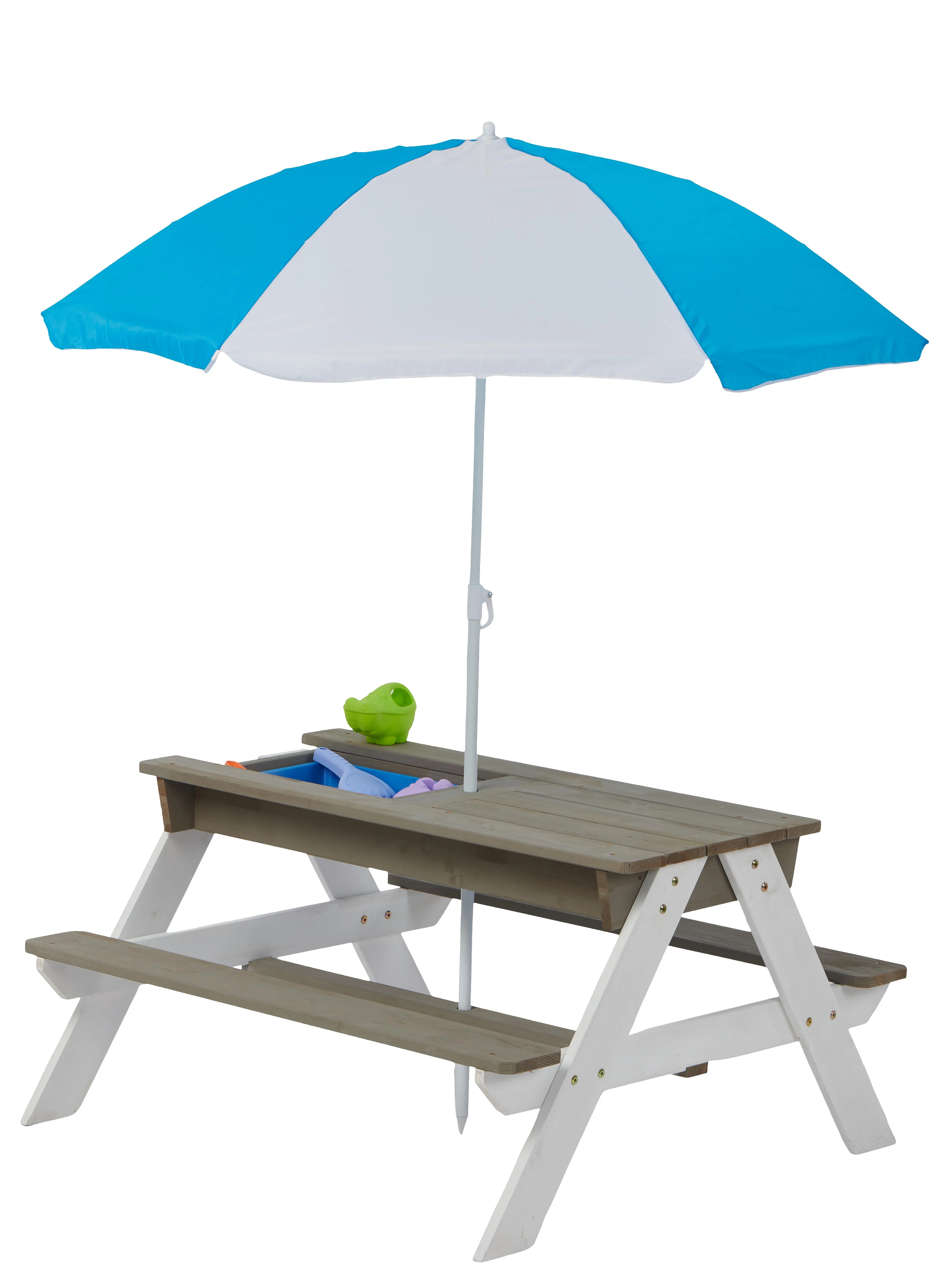 DONEXT Cedar Wood Kids Picnic Table - 3-IN-1 Multi-Use Sand Water Table with Blue and White Umbrella, CPSC Certified Unisex Patio Outdoor Furniture for Kids Outdoor Fun with Sand