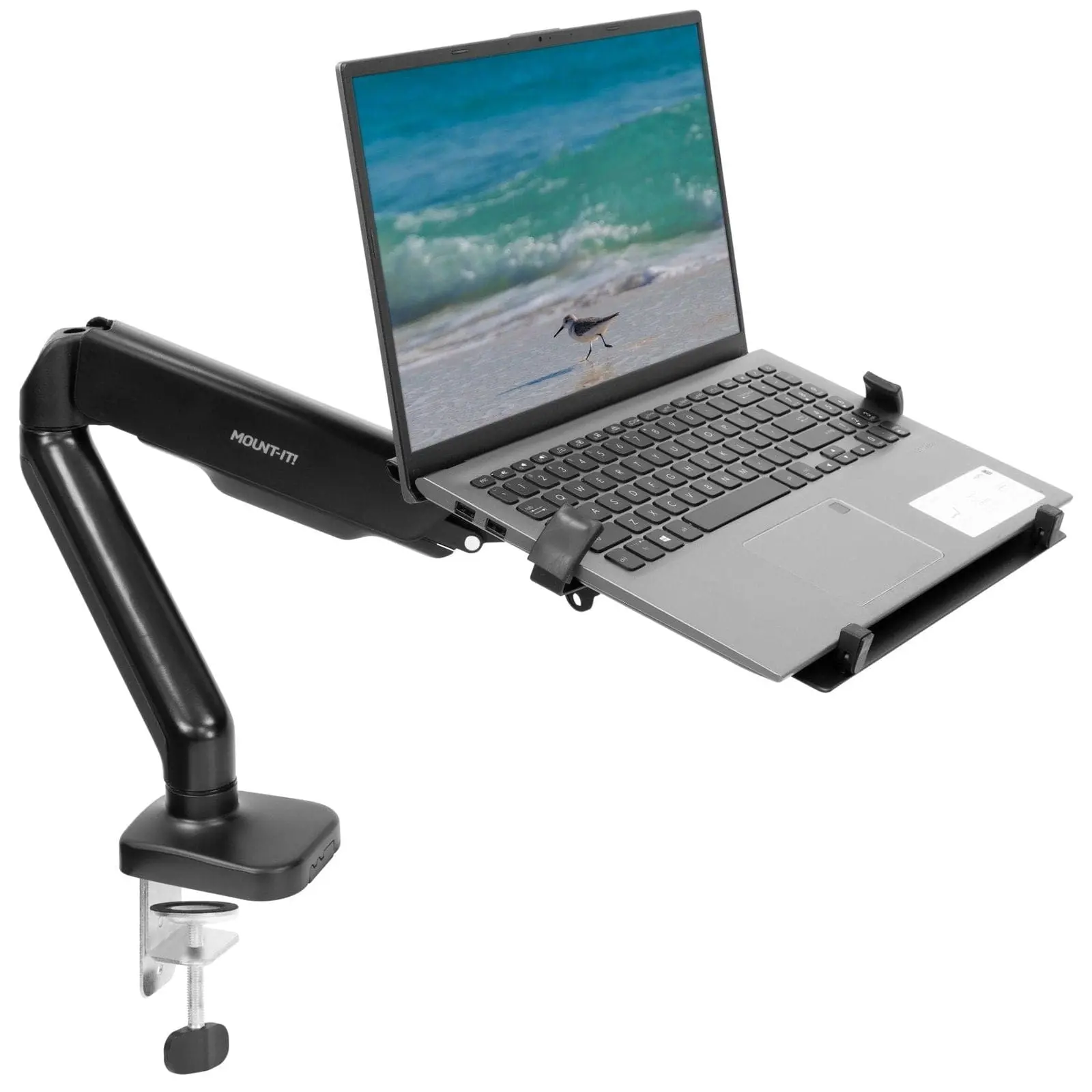 Mount-It! Height Adjustable Laptop Desk Mount for Laptops Up to 17", Full Motion Laptop Arm with Ventilated Tray, Clamp-On Ergonomic Laptop Stand