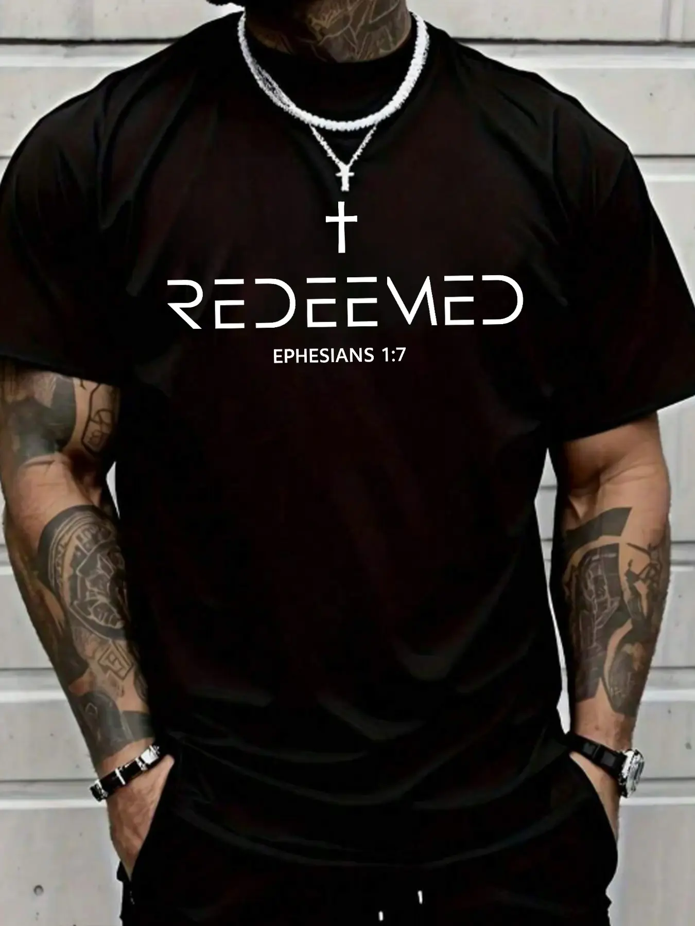 Men's Black Christian T-Shirt, Classic, Round Neck, 'REDEEMED' Cross & Ephesians 1:7 Scripture Graphic, Casual Letters Print, Faith-Based Casual Streetwear Tee, Soft Breathable Fabric for Church, Daily Wear, Believers