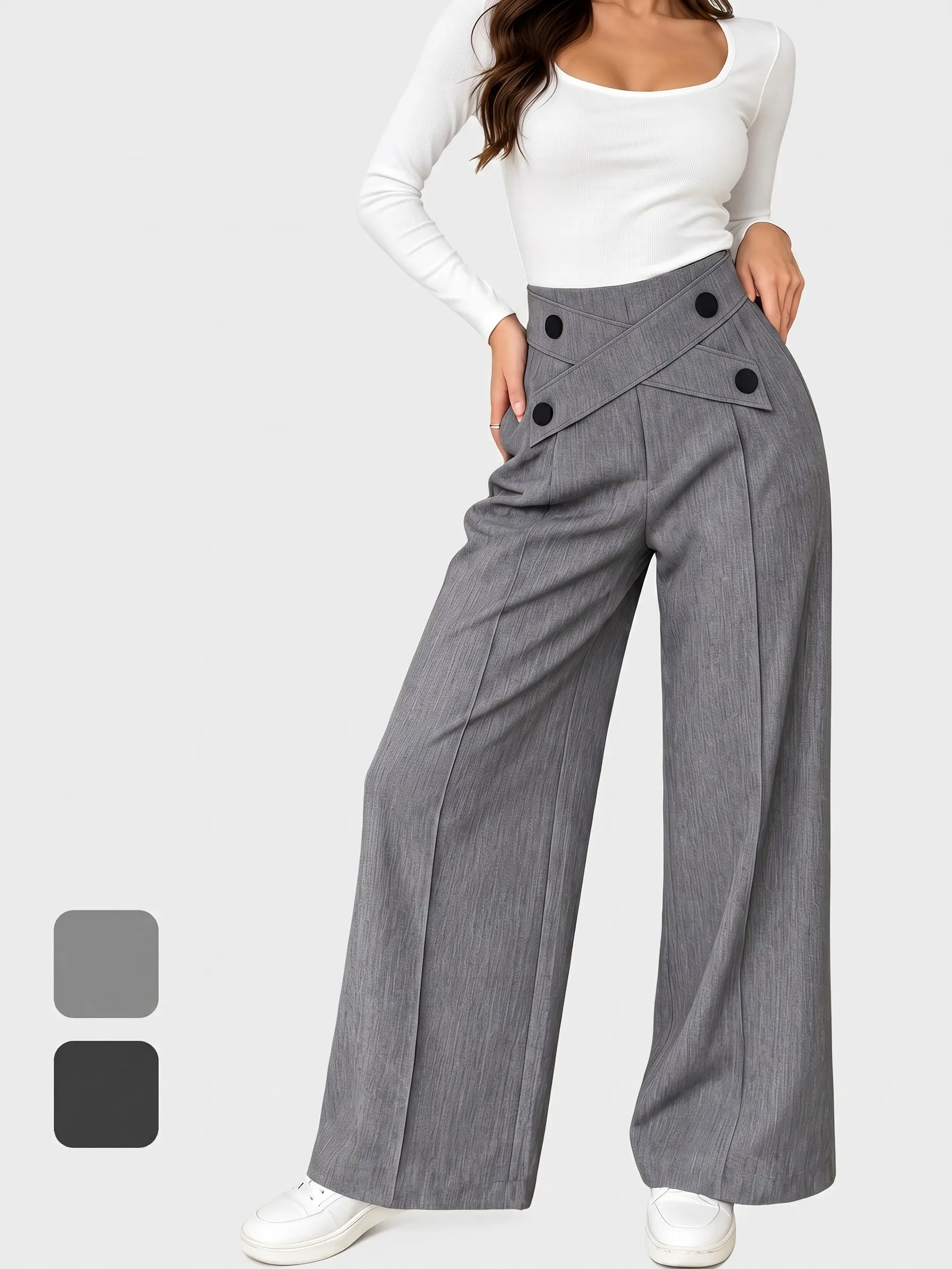 CQQNBV Women's High-Waisted Wide-Leg Pants with Crisscross Button Detail Elegant Office Wear Casual Trousers Breathable Fabric Fit Suit Womenswear Everyday Lightweight Spandex Style Style Fashion Soft Soft Soft corporate attire