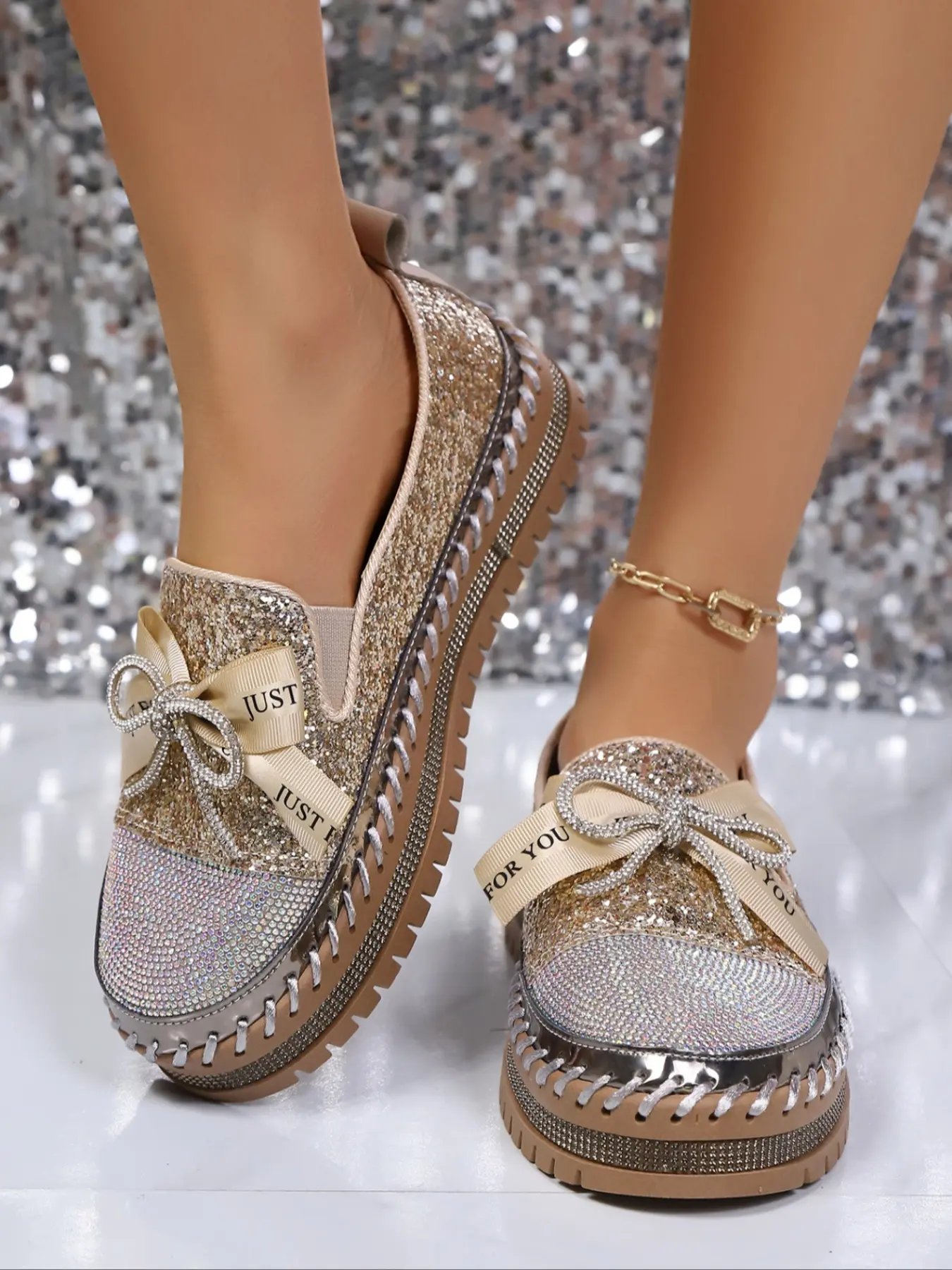 Women's Embroidered Rhinestone Shoes, Comfortable Daily Walking Shoes, Fashion Lightweight Casual Slip On Closed Platform Shoes for Various Occasions
