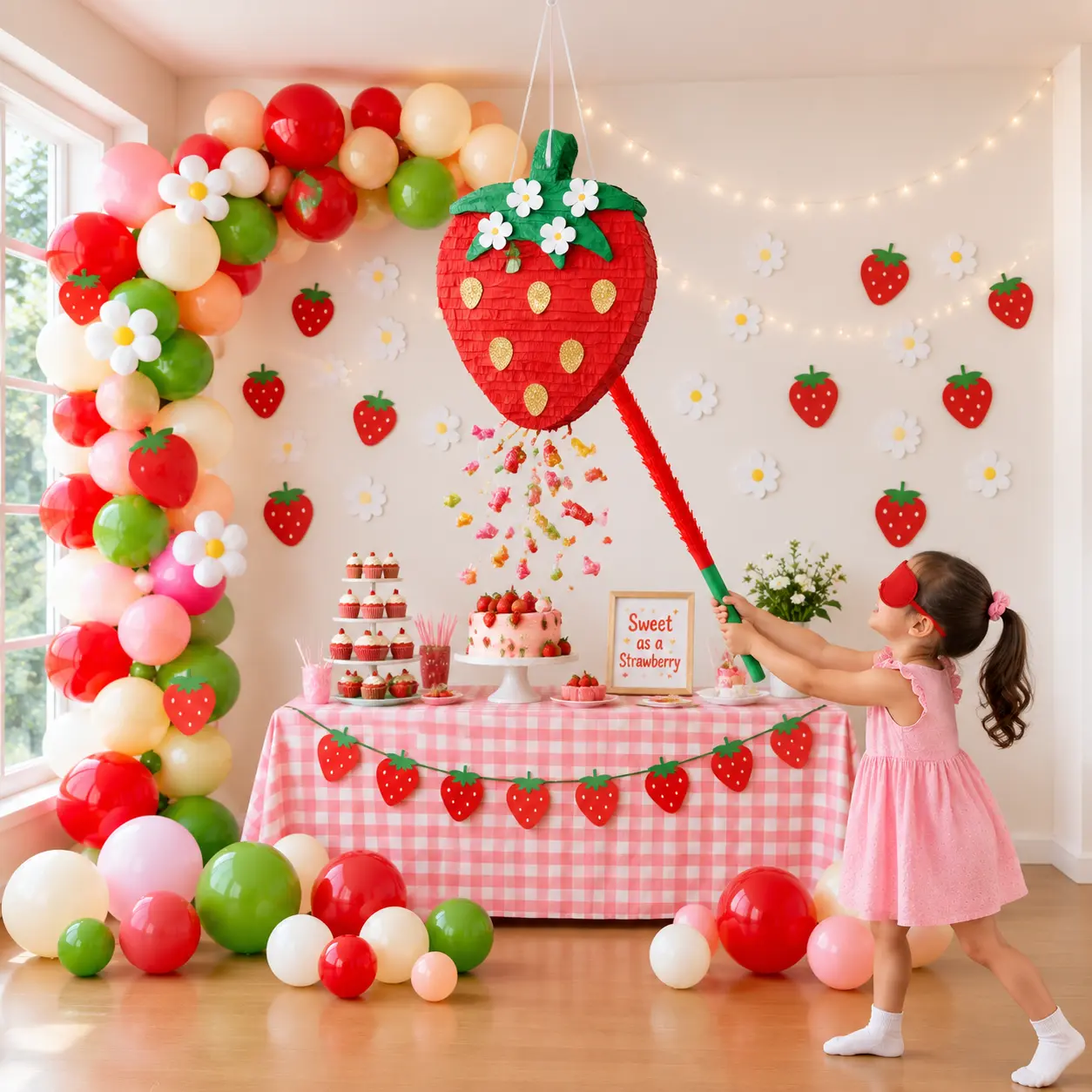 【Handmade】WERNNSAI Polka Dot Geometric Strawberry Piñata - Home Supplies Thick Paper Party Piñata with Pre-Hole, Blindfold, Bat for Kids' Birthday, Fiesta Carnival (15.7"x12.2"x3.1")