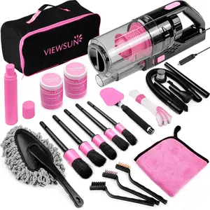 【fathersdaygift】Viewsun 17pcs Car Cleaning Kit, Pink Car Interior Detailing Kit with High Power Handheld Vacuum, Detailing Brush Set, Windshield Cleaner, Cleaning Gel, Complete Auto Accessories for Women Gift，Summervibes