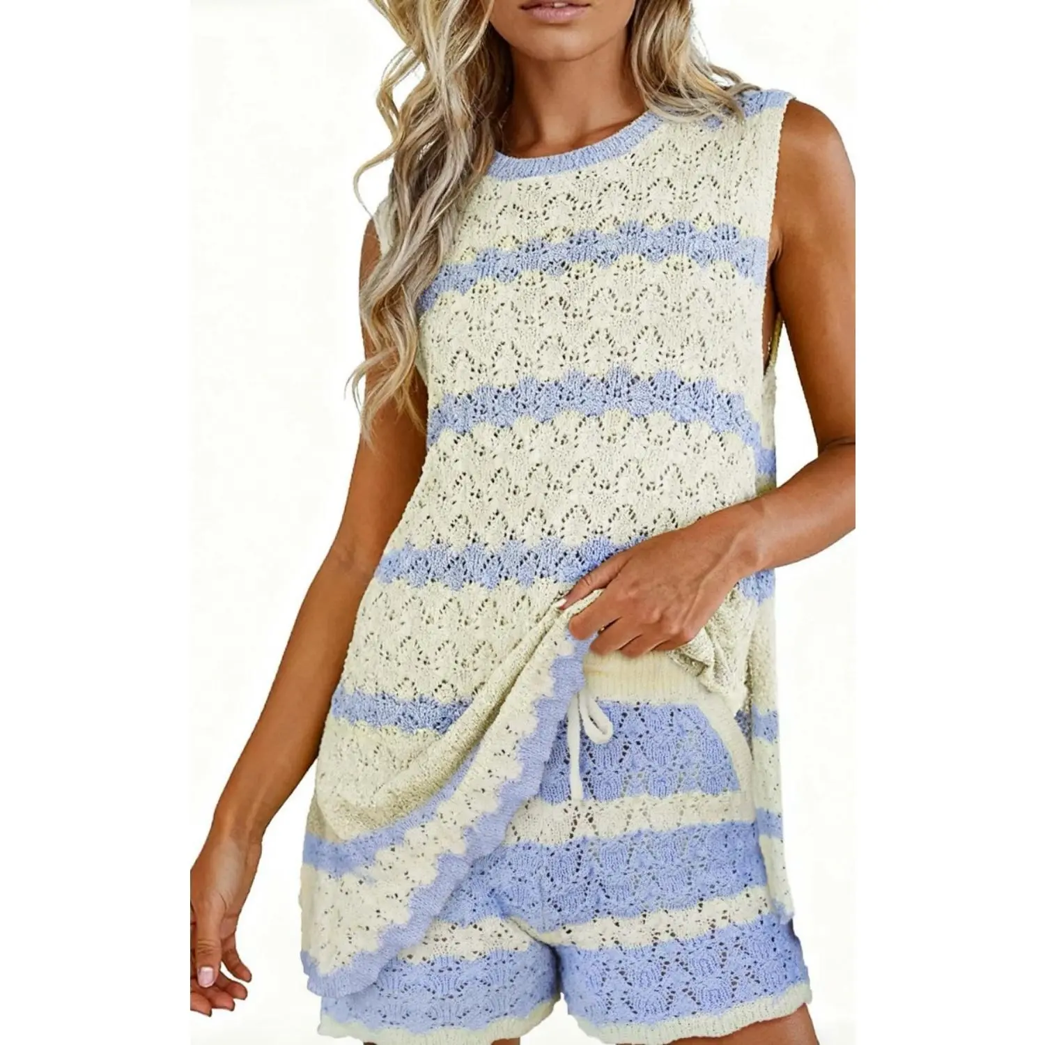 FISOEW Women's 2 Piece Crochet Knit Set, Bohemian Striped Lightweight Hollow Out Tank Top and Matching Shorts, Summer Beach Outfit, Suit, Fabric, Women's Fashion, Matching Sets For Women