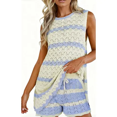 FISOEW Women's 2-Piece Crochet Knit Set - Bohemian Striped Lightweight Hollow Out Tank Top & Shorts, Cute Summer Beach Outfit, Stripe Short & Top Sets for Women, 2 Piece Sets