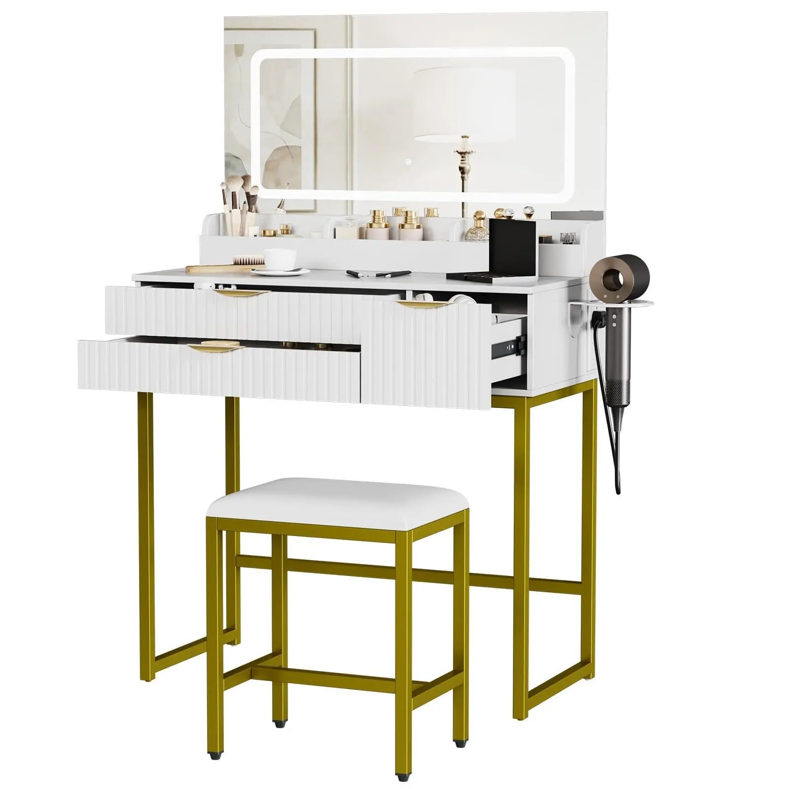 Modern Glass Top Vanity Desk with LED Lighted Mirror, 3 Drawers, Shelves, Power Outlet, Hair Dryer Holder & Stool - White & Gold Iron Frame Bedroom Dressing Table for Contemporary Home Decor
