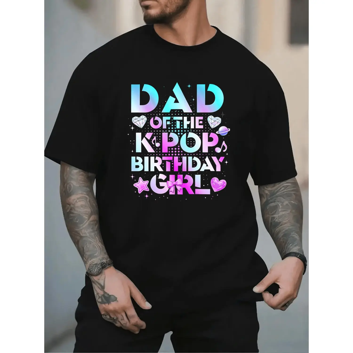 Men's Unisex Vintage Retro Street Graphic "Dad of the Kpop Birthday Girl" Funny Print Short-Sleeve T-Shirt - Casual, Soft, Comfortable Trendy Tee for Kpop Enthusiasts Attending Birthday Parties
