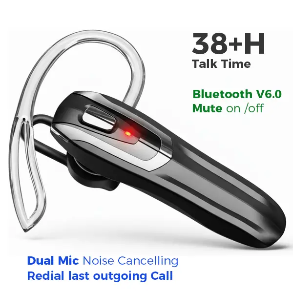 YUEYINOK Single-Ear Wireless Bluetooth 6.0 Headset - Chargeable Remote Earbud with Mic, Button Control, Noise Cancellation, 42H Battery, Hands-Free Calling, Water Resistant, Cable Protection for Driving, USB Charging Audio Device