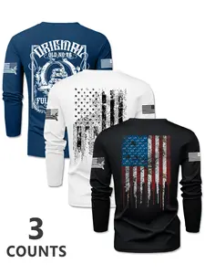 Men's 3-Piece Knit Flag Gradient Print Crew Neck Long Sleeve T-Shirt Set, Spring Outdoor Casual Pullover Tee, 3-Pack