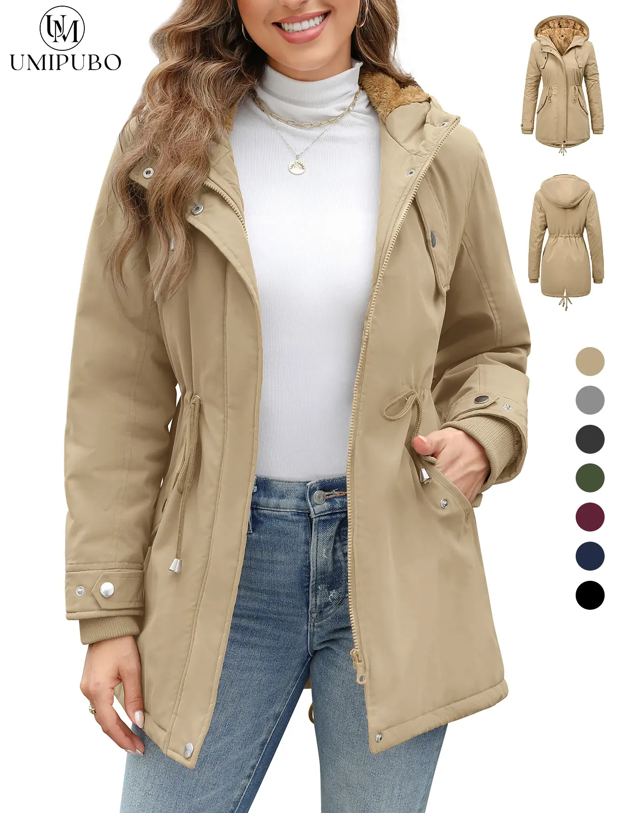 UMIPUBO Women's Winter Thick Fleece Hooded Warm Jacket - Water-Repellent Parka Tops with Pockets, Long Sleeve Fashionable Outerwear, Zipper Jacket Coats