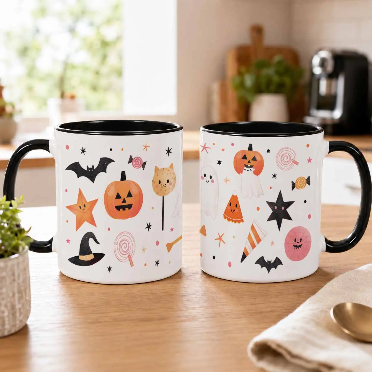 Halloween Cute Ghost Pumpkin Cat Candy Star Mug (11oz/15oz)  Festive Cartoon Print Design  Durable Ceramic  Dishwasher Safe  Ideal for Halloween Party  Coffee Time  Home Decor  Holiday Gift  Friends Gathering  Office Use