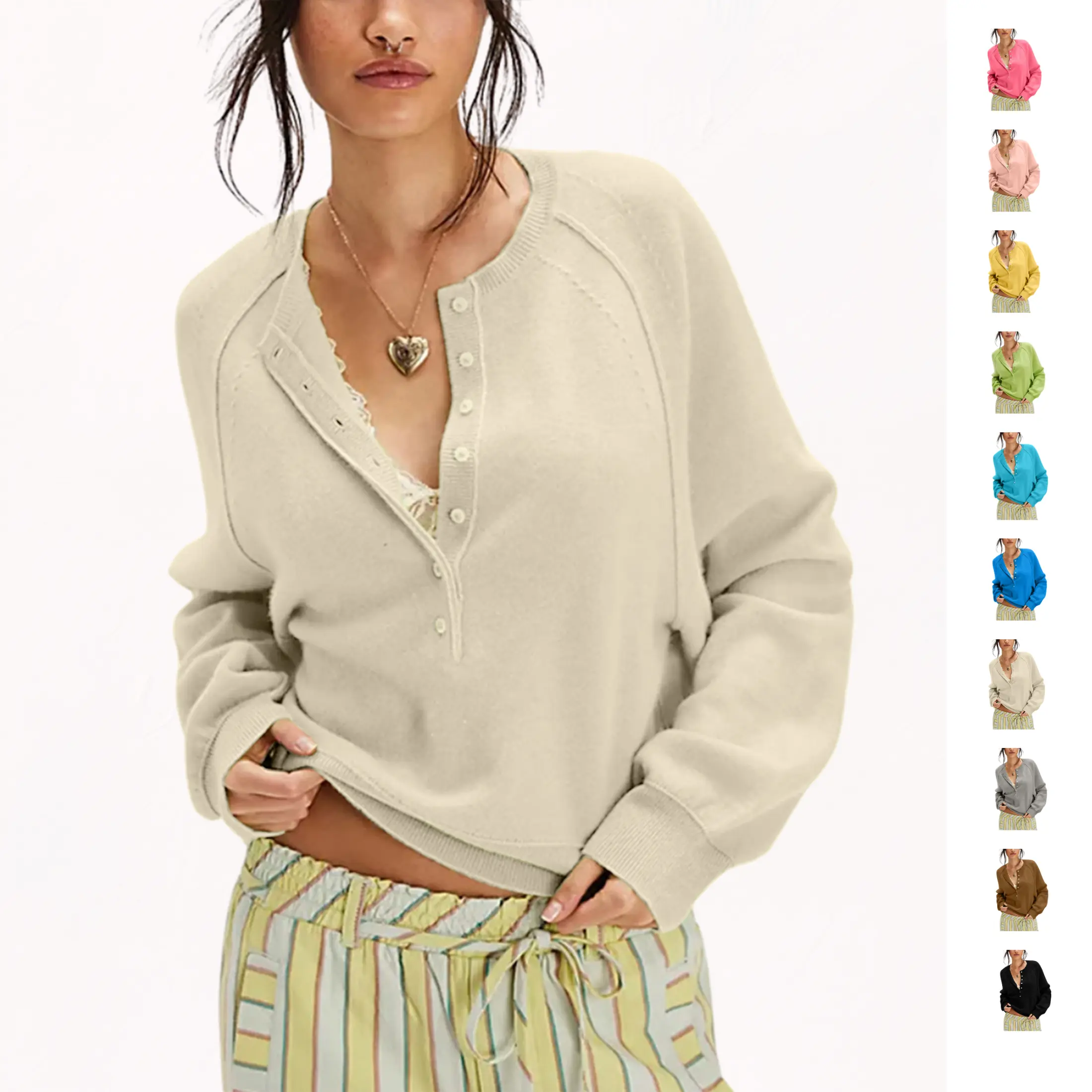 Mibbory Women's Basic Knit Pullover Sweater, Long-Sleeves Half-Button Henley Neck, Cozy Soft Lightweight Casual Loose Drop-Shoulder Tops for 2026 Fall Winter Work Daily Outfits (Knitwear), Longsleeves