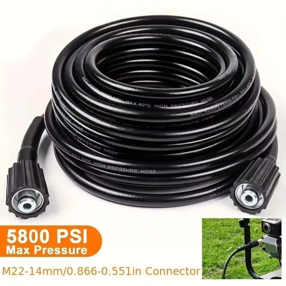 50ft Pressure Washer Hose with a M22 Male Thread Fitting, Flexible, 3-Layer Design, Heavy-Duty Cleaning, Durable, Black, 1-Pack