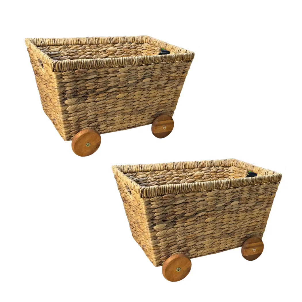 Wicker Toys Storage Set of 2 with Removable Wheels, Heavy Duty Woven and Rattan Storage Baskets for Organizing Toys (Water Hyacinth)