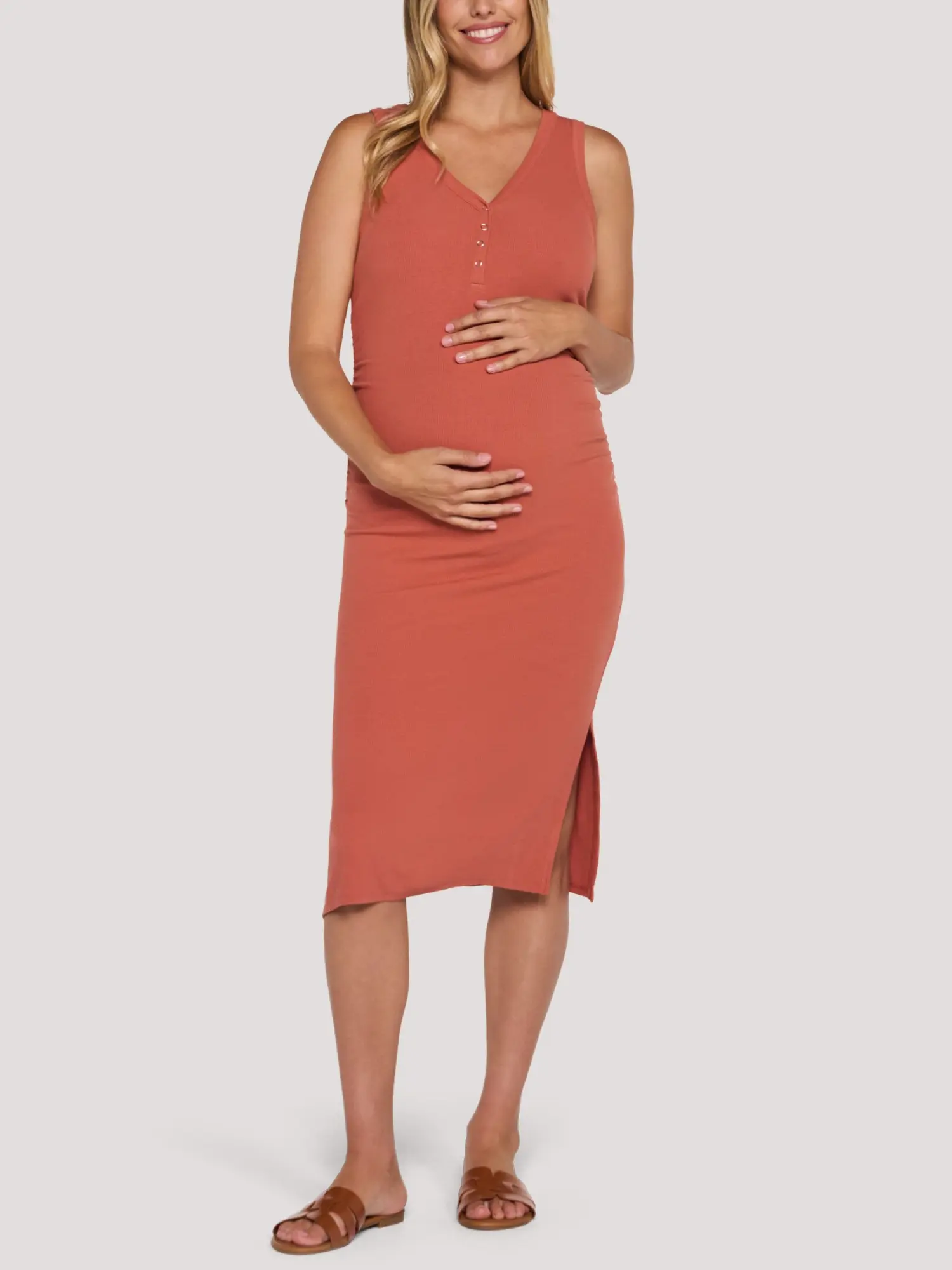 Motherhood Maternity Women's Sleeveless Henley Nursing Racerback Maternity Midi Dress - Pregnancy & Nursing Postpartum Dress