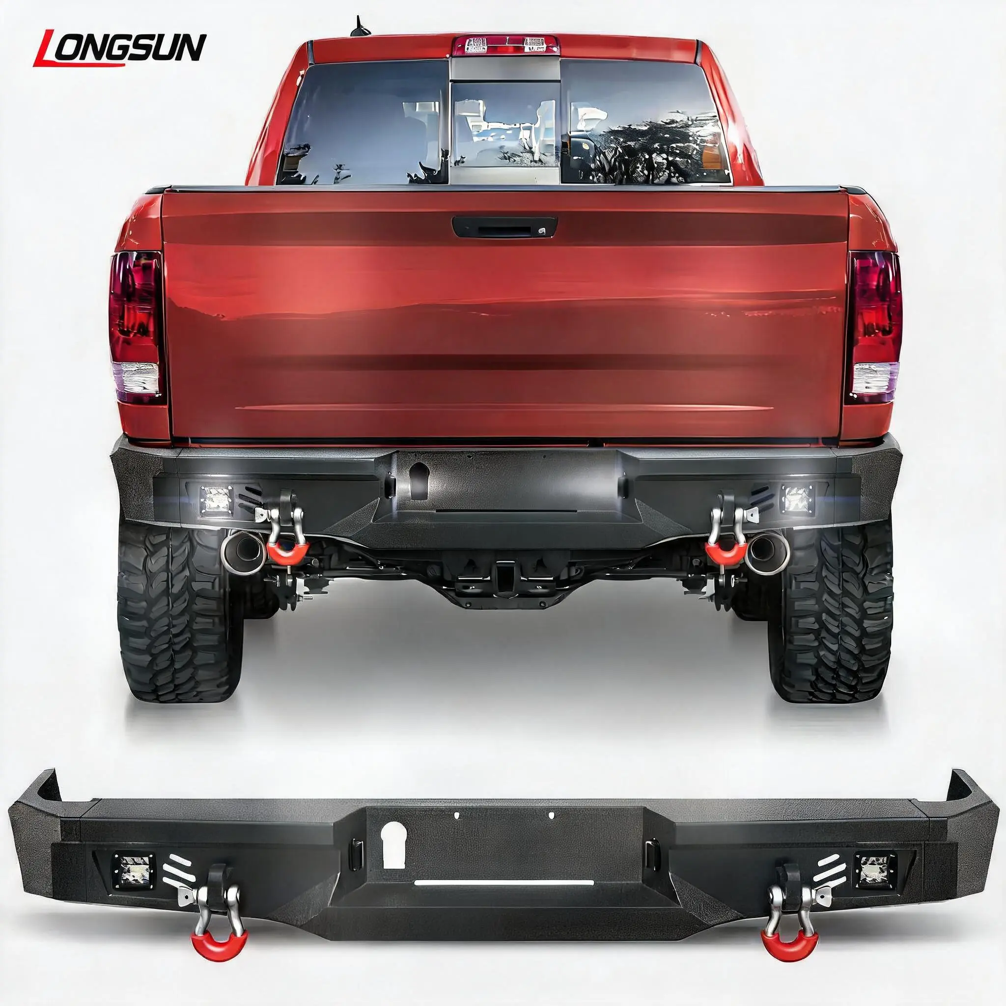 Longsun Rear Bumper for 2014-2018 Chevy Silverado/GMC Sierra 1500, Silverado 1500 Accessories for Pickup Trucks, Textured Black with Parking Sensors, Step Plate, Lights, D-Ring Mounts