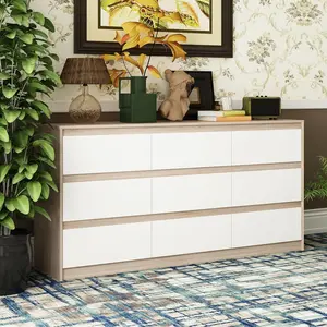 FUFU&GAGA Modern Dresser Chest of Drawers, 9 Drawer Dresser with No Handle Design, White Dresser for Bedroom - Multi-Use Drawer Organizer