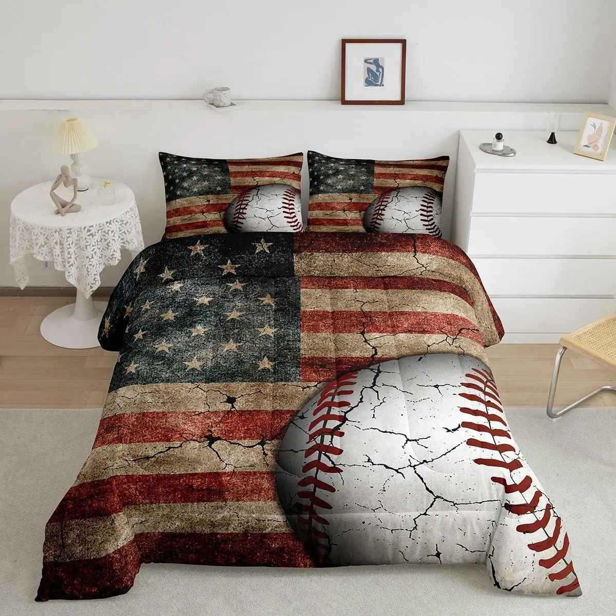 Feelyou Baseball Polyester Fiber Comforter Set - Gentle Soft Warm Bedding, Breathable Blanket, Multi-Size American Flag Stars Stripes Quilt for Boys, Camping Use, Gentle Soft Blanket
