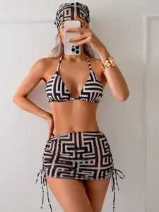 Women's 4-Piece Geometric Print Bikini - High Cut 3/4 Cup Bathing Suit with Drawstring Mesh Skirt & Hair Scarf - Snatched 4pc Swimsuit with Tummy Smoothing Sarong