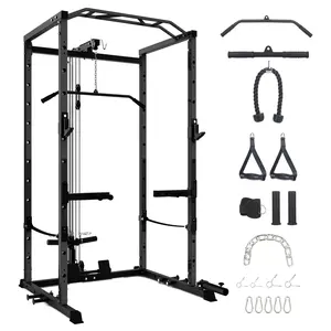 【Christmas Gift】Multi-Functional Power Rack , with Cable Pulley System and J-Hooks, with Dip Bars and Landmine Attachment, Weight Cage for Home Gym Equipment