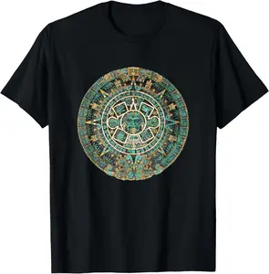 Aztec Calendar Graphic T-Shirt, Women's Casual Distressed 100% Cotton Short Sleeve Round Neck Mexican Art Top
