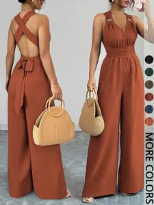 1 Piece V-Neck Tie-Waist Wide-Leg Jumpsuit | Women's Romper | Casual Summer Outfit | Women's Vacation Wear
