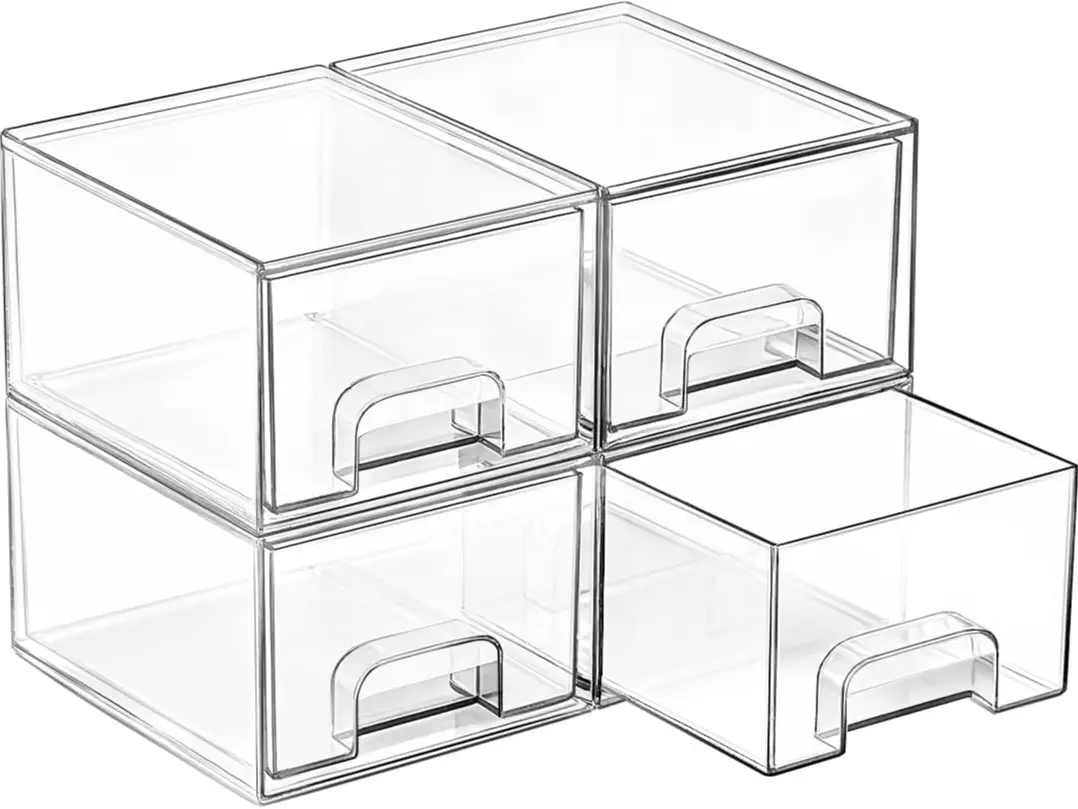 4-Pack Small Clear Stackable Storage Drawers for Narrow Spaces & Home Organization
