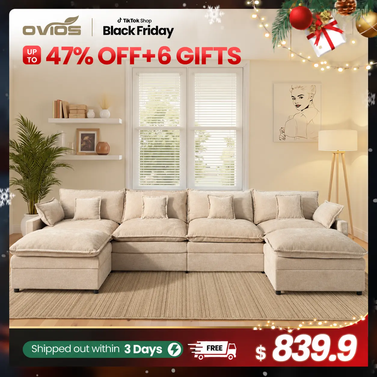 【2/3 Packages Shipping】Ovios 143" U-Shaped Modular Sectional Sofa with 2 Ottomans, Comfy Chenille Cloud Couch, Deep Seat Sofa Bed with 5 Pillows for Living Room, Bedroom & Apartment