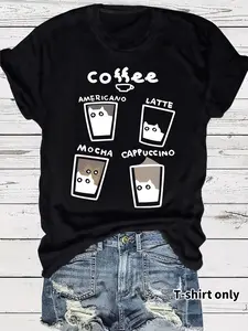 Women's Coffee Cup & Cat Print Round Neck Tee, Fashion Casual Crew Neck T-Shirt for Daily Holiday Vacation Outdoor Wear, Ladies Clothes for Summer, Top, Womenswear