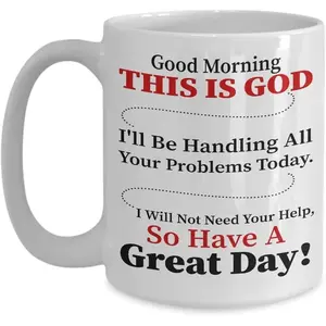 Good morning, I am God and I will handle your questions. Christian faith gift cup, inspirational religious coffee cup, encouragement and prayer cup for male and female believers, 11 ounce colored ceramic mug