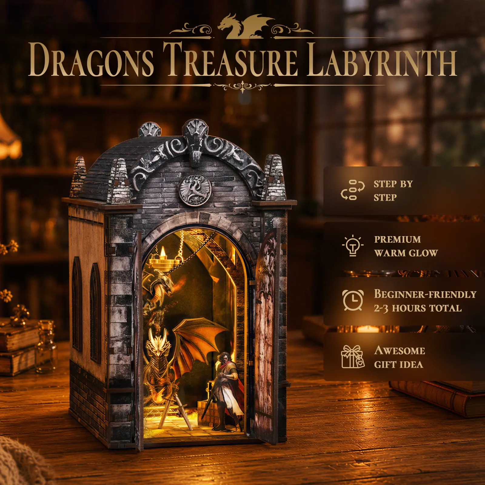 NOANTA DIY Wooden Book Nook Kit - Fantasy Dragon Bookstore Miniature House Model, 3D Puzzle with Dragon Figurines, Torch Accessories, Desktop Bookshelf Decor Gift for Adult Book Lovers, 3D Wooden Puzzle