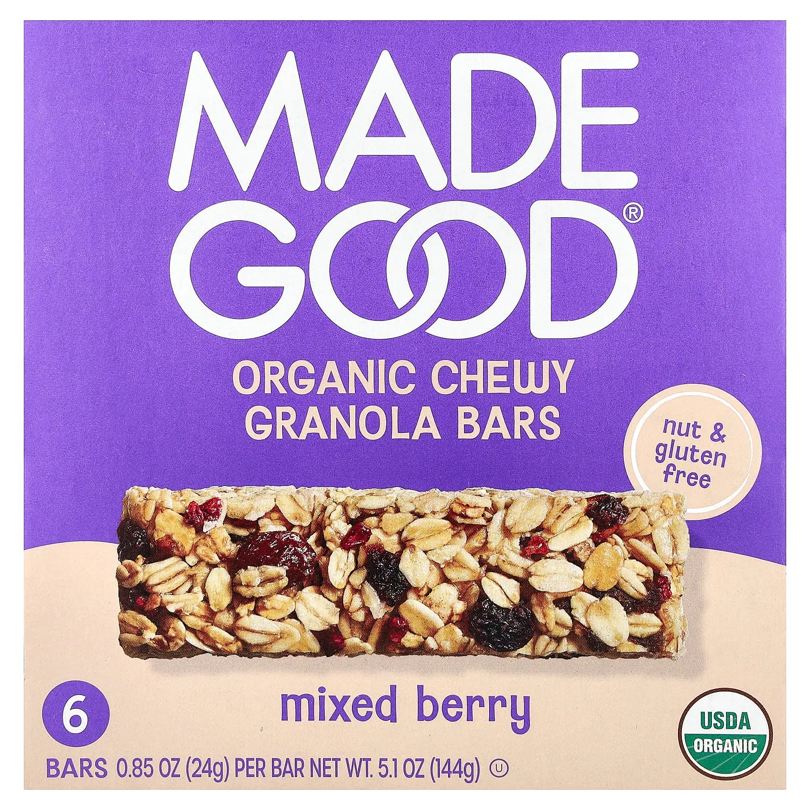 MadeGood Organic Chewy Granola Bars, Mixed Berry, 6 Bars, 0.85 oz (24 g) Each
