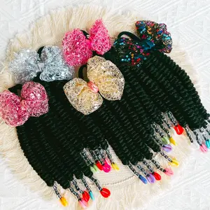 2pcs, Delicate Ponytail Extensions, Braids with Beads, Sweet Hair Extension with Elastic Tie, Springy Twist Ponytails with Hair Bows, Cute Pigtail, Wig for Girls Casual Leisure Party Hair Accessories, Birthday Gift for Girl Synthetic clip hair extensions