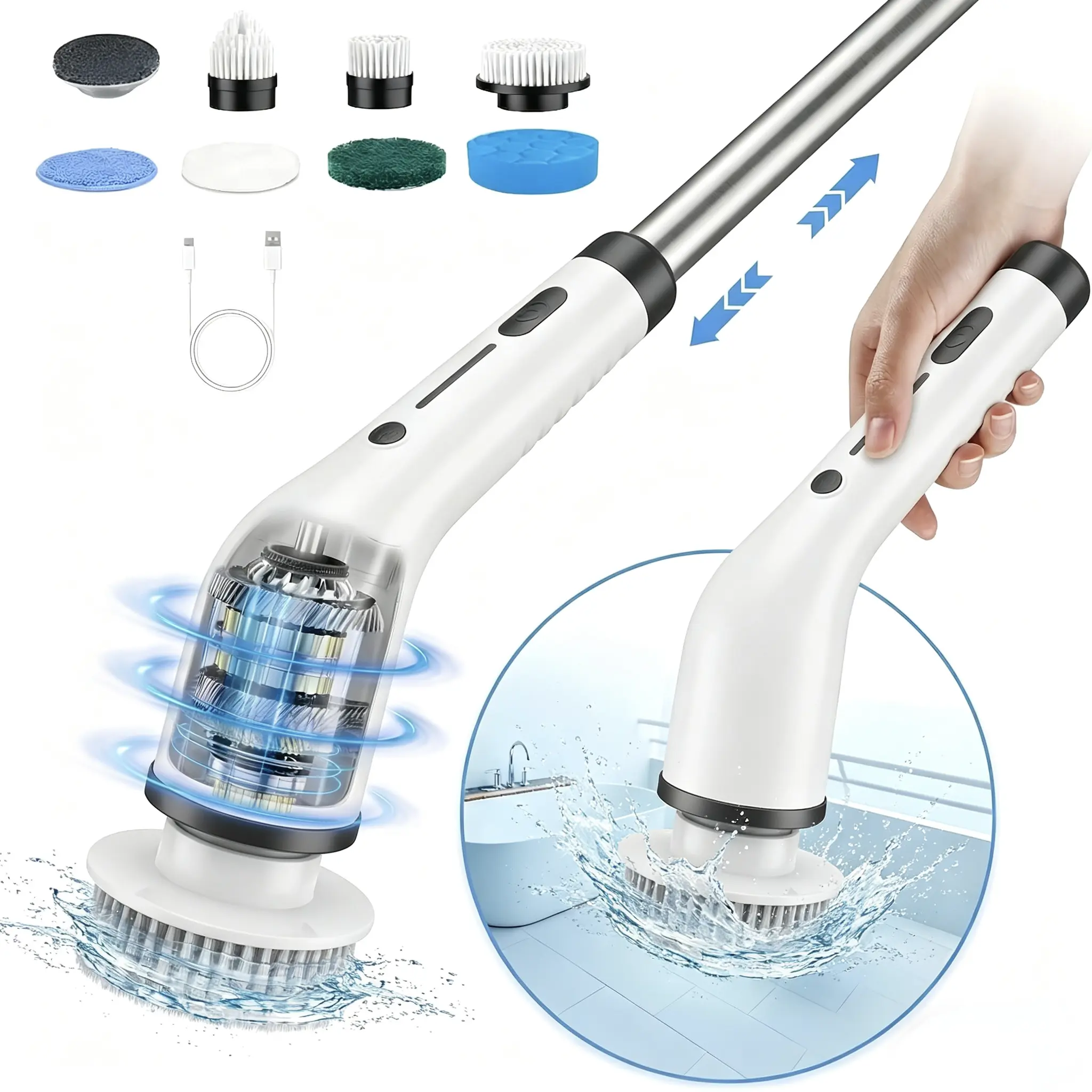 Cordless Handheld Electric Spin Scrubber - IPX7 Moisture Resistant Cleaning Tool with Adjustable Speed, Longer Reach Handle, 100-Minute Long-Lasting Battery, Multi-Surface Brushes, Kitchen/Bath Deep Clean, Mother’s Day Gift, 100 Minutes