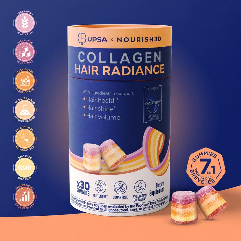 UPSA Hair Radiance Collagen Gummies - Structuring Peptides - Thicker, Shinier Hair with Less Shedding, Helps Nourish from Root to Tip | Clinically Proven | Vegetarian Collagen with Ovoderm | Patented 7-Layer Technology | Hair Growth Hair Care Product
