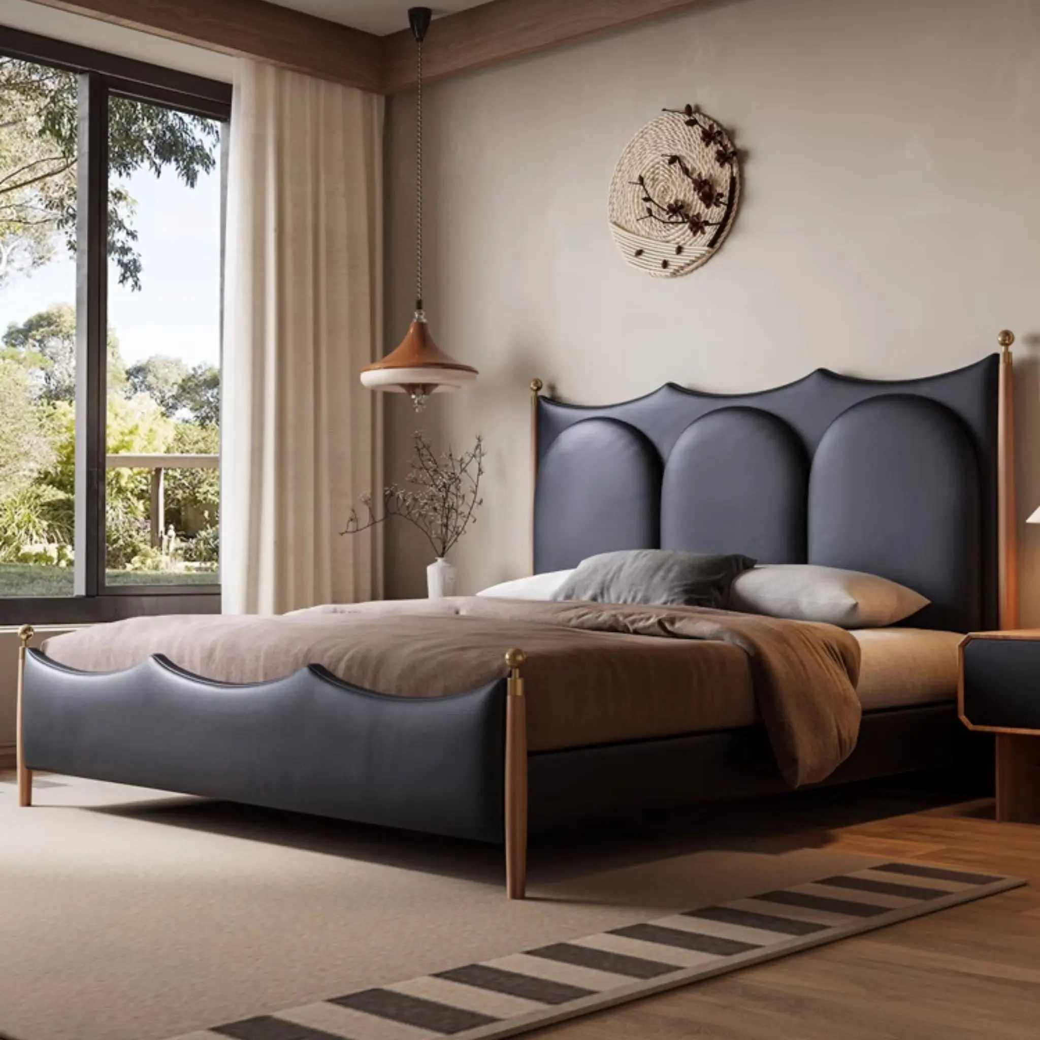 Leather Upholstered Bed with Headboard