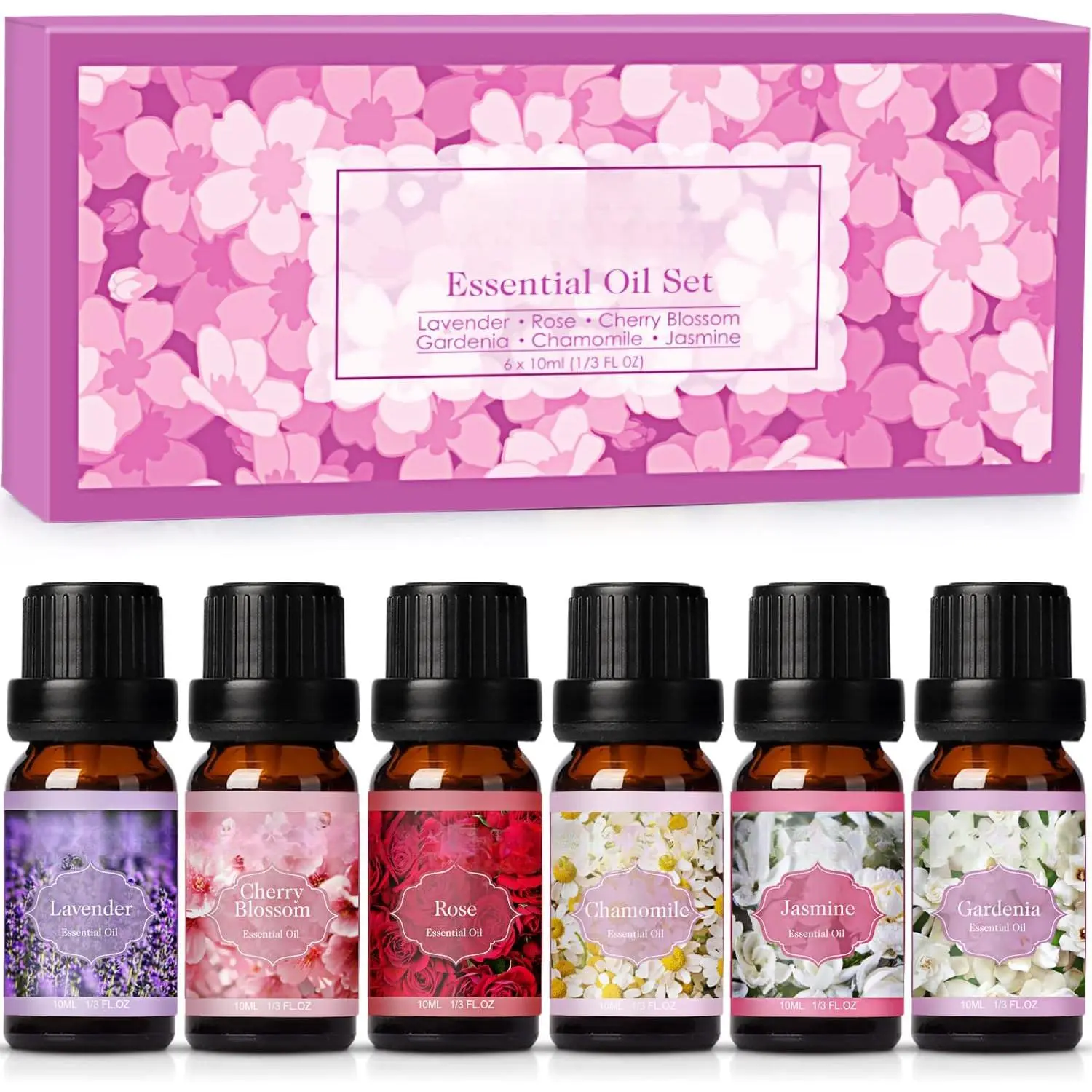 Premium Pure Natural Floral Essential Oils Set - 6x10ML Vegan Scent Aroma Freshener in Dark Amber Glass for Diffusers, Vaporizer, Anniversary Gift & Mom (Lavender, Rose, Jasmine, Cherry Blossom, Gardenia, Chamomile)