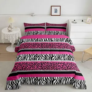 Zebra Stripes Comforter,Leopard Print Comforter Set,Pink Black White Zebra Leopard Fur Bedding Set,Wild Animal Skin Texture Pattern Duvet Set